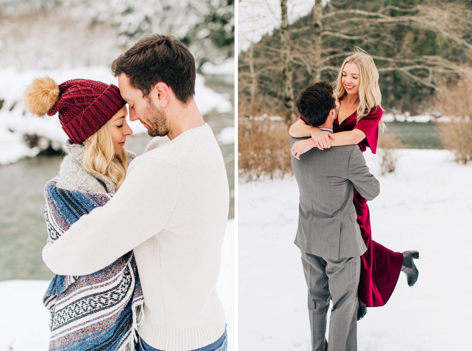 winter engagement photo outfit ideas pop of color