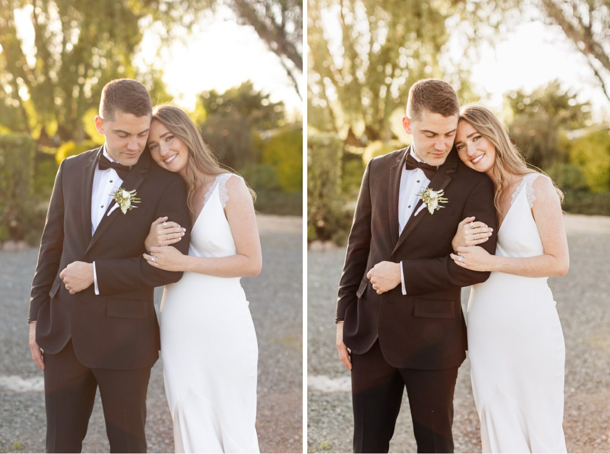 Bride and groom at golden hour using lightroom presets for wedding photography