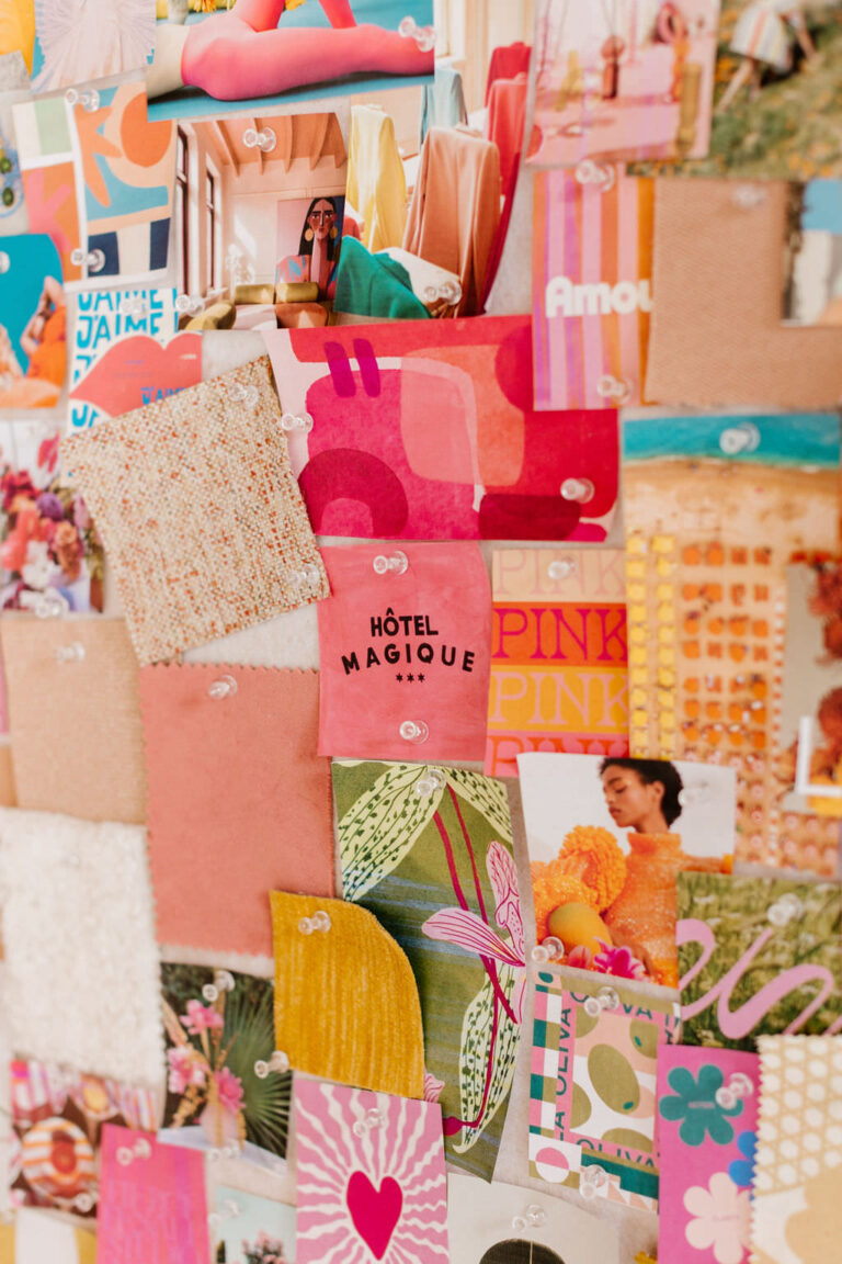 Branding mood board with colorful textures and bold fonts
