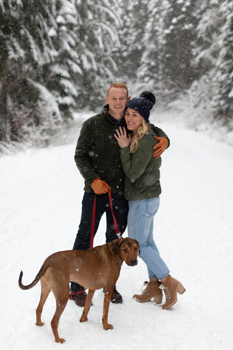 snowy engagement session in Seattle with a dog